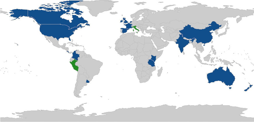Map of the countries selected. Countries highlighted in blue had 1 study, whereas countries highlighted in green had 2 studies.